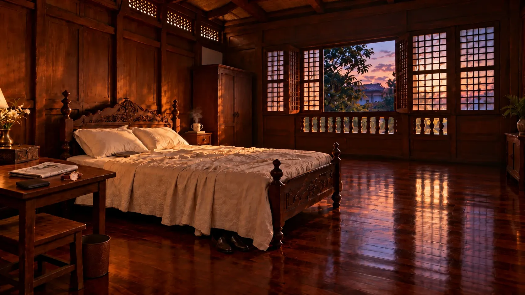 A wooden bedroom at dusk: a carved bed with a notebook on the quilt, a steaming mug on the bedside table, a tall wardrobe, a table with a newspaper, a wallet and a watch, loafers under the bed, a bin, and capiz windows open onto a tree and a pink sky.