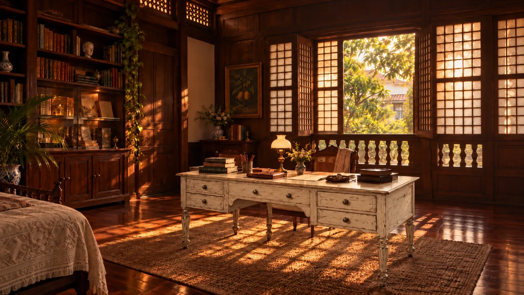 A wooden bedroom-study in late gold light: tall bookshelves above a lit glass cabinet, a white doorway, a painted desk with books, a lamp and a watch, a painting of mangoes, and capiz windows open onto a mango tree.